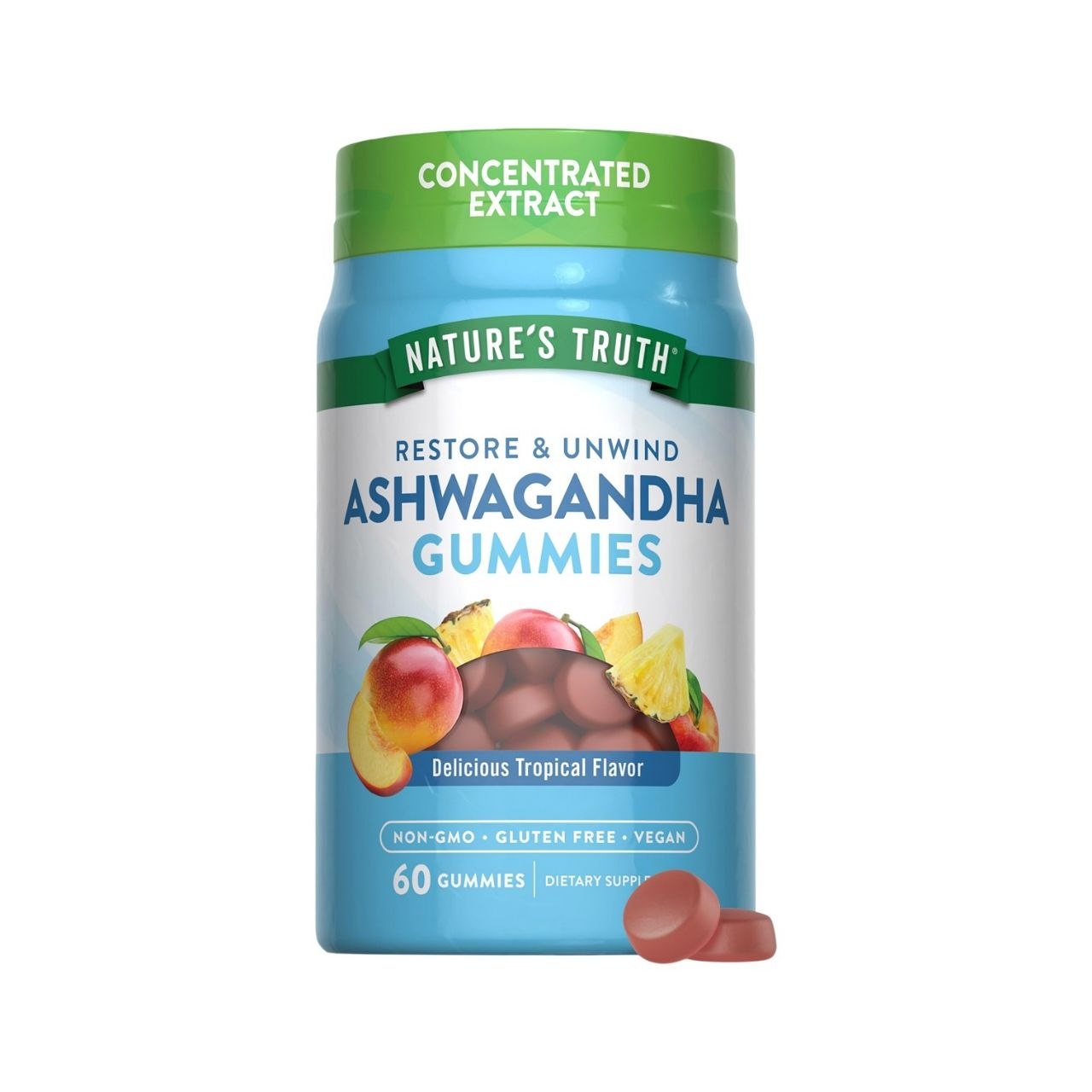 VITAMINAS EN GOMITAS DIETÉTICO VEGANO CON SABOR TROPICAL ESTRÉS FISIOLÓGICO Y EMOCIONAL NATURE'S TRUTH RESTORE & UNWIND ASHWAGANDHA GUMMIES 60 GOMITAS