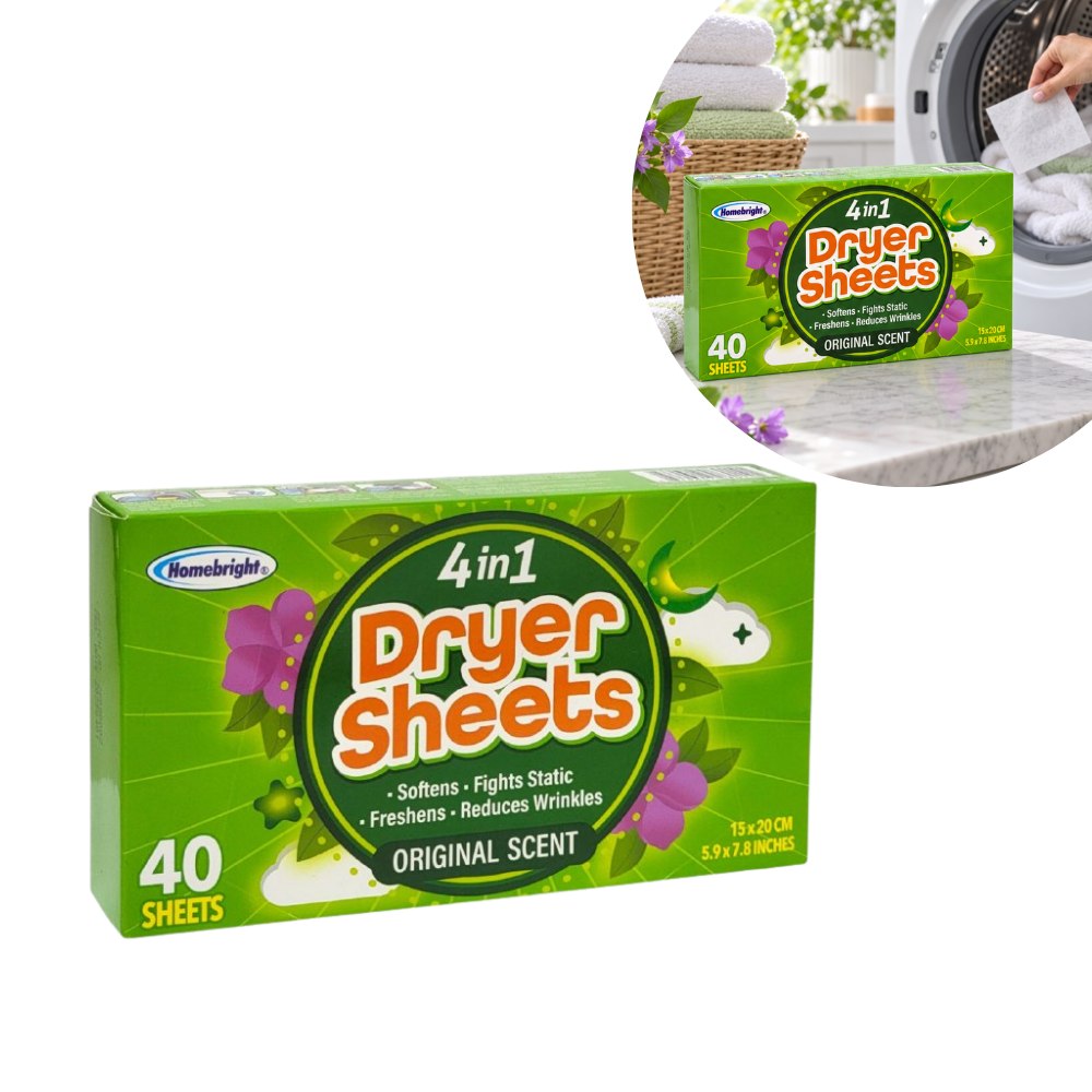 DETERGENTE TOALLIAS HOJAS PARA SECADORA 4 EN 1 CON AROMA ORIGINAL, ROPA SUAVE Y FRESCA PERFUMADA 15X20CM HOMEBRIGHT 40UND