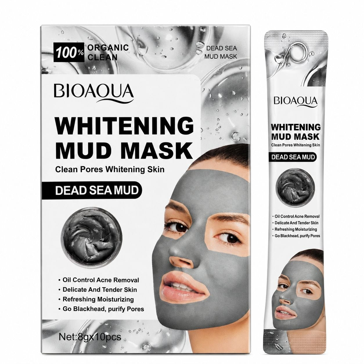 MASCARILLA FACIAL DE BARRO DEL MAR MUERTO WHITENING BIOAQUA 8G X 10 SOBRES