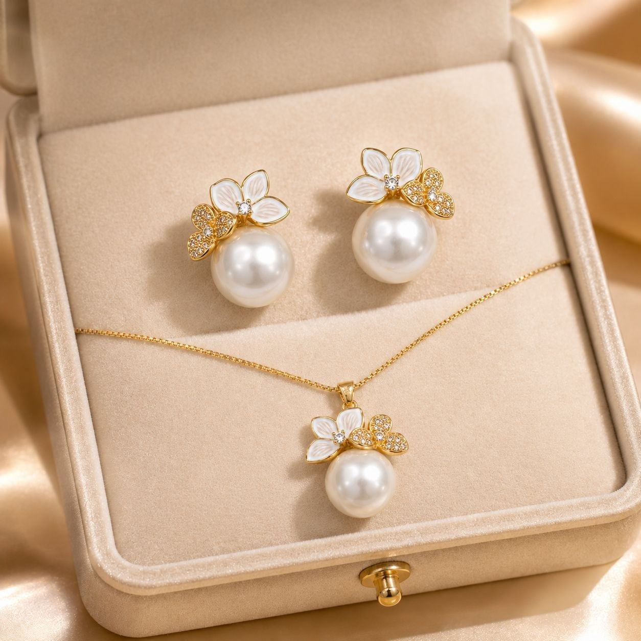 SET DE ENCHAPE PARA DAMA CADENA, DIJE Y TOPOS FLOR ESMALTADA Y MARIPOSA CON PERLA
