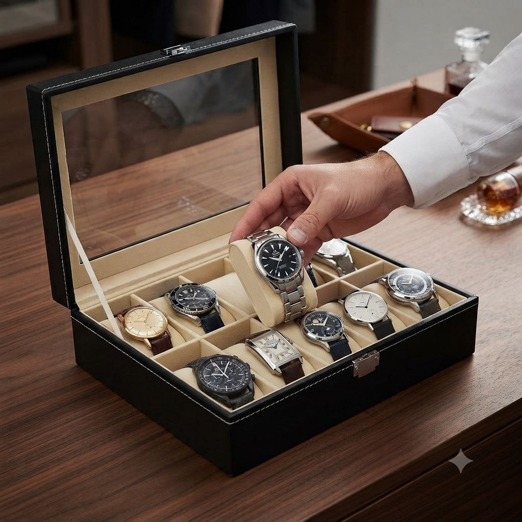 ORGANIZADOR PARA RELOJ FABRICADO CON PIEL SINTÉTICA DE PRIMERA CALIDAD SUAVE CUBIERTA DE TERCIOPELO 21X26CM