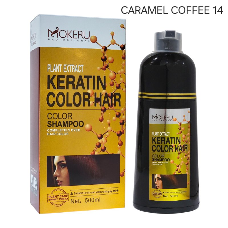 SHAMPOO TINTE PARA EL CABELLO CON QUERATINA CUBRE CANAS TONO CAFE CARAMELO 14 MOKERU 500ML