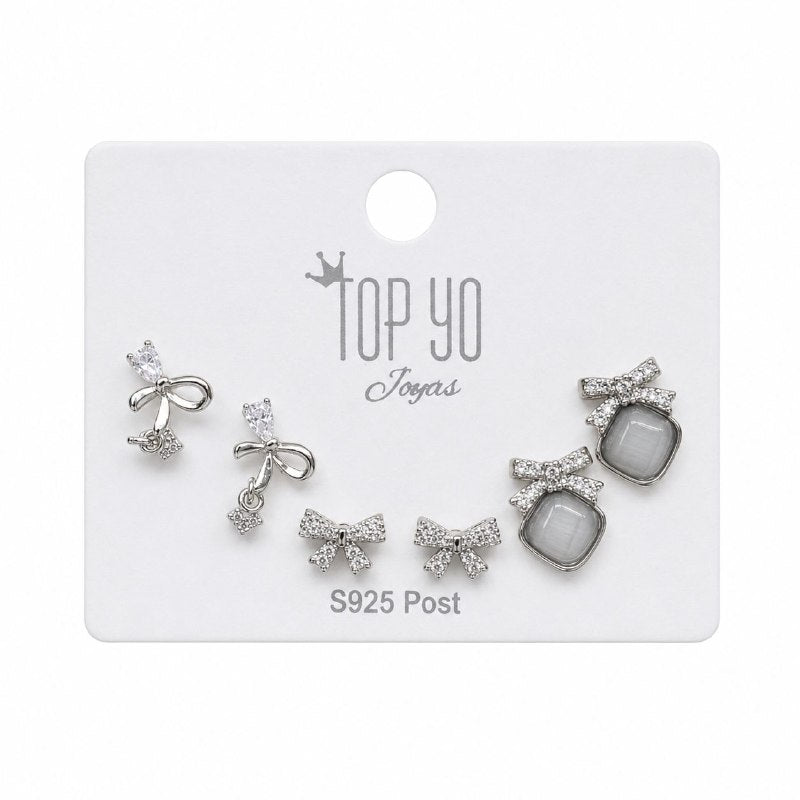 SET DE 3 PARES DE ARITOS DE ENCHAPE PARA DAMA MOÑOS CON PIEDRA OJO DE GATO Y CIRCONES