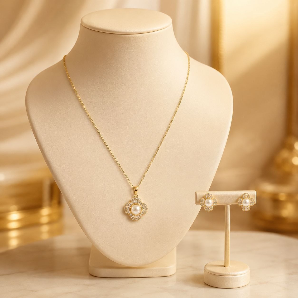 SET DE ENCHAPE PARA DAMA CADENA, DIJE Y TOPOS FLOR TREBOL CON PERLA Y HALO DE CIRCONES