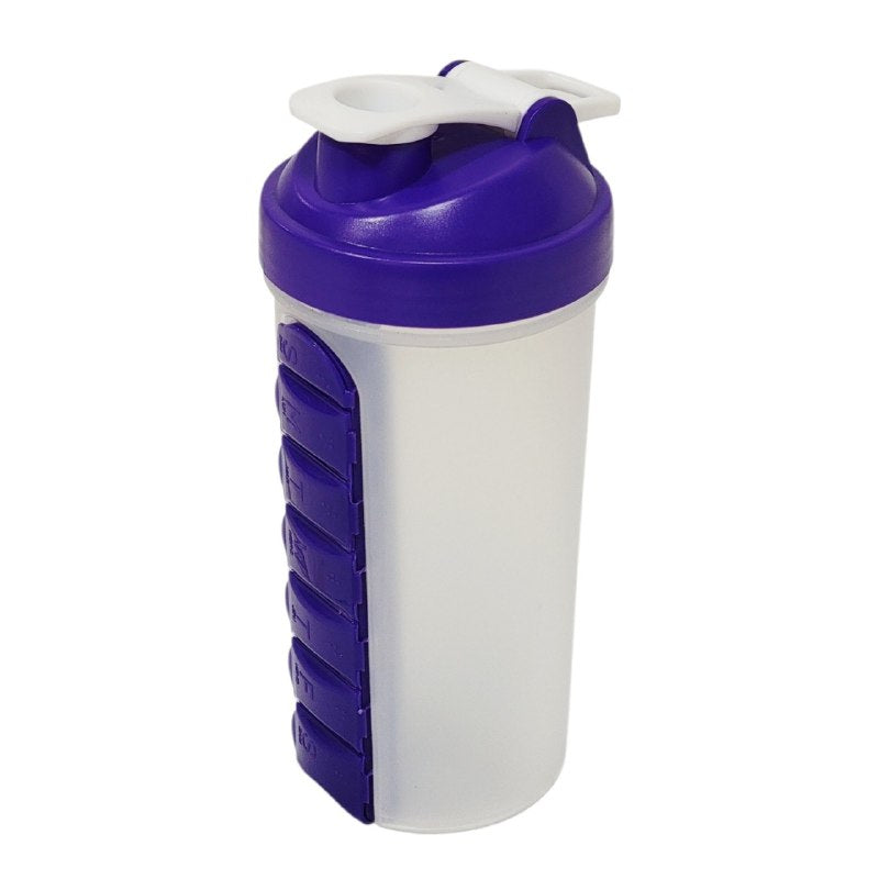 BOTELLA MEZCLADORA CON ORGANIZADOR DE VITAMINAS 2 EN 1 DE PLASTICO RESISTENTE 600ML