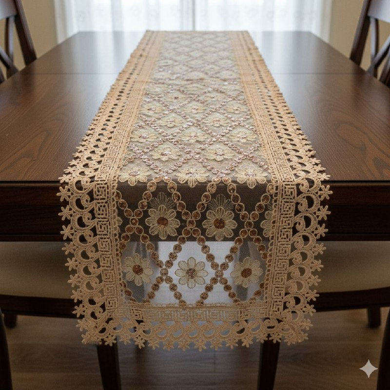 MANTEL CAMINO DE MESA BORDADO DE ENCAJE DORADO ELEGANTE BARBARA HOME 41X91CM