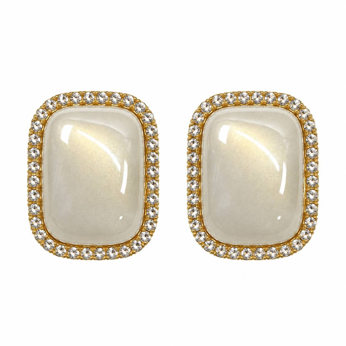 ARITOS DE ENCHAPE PARA DAMA CON DISEÑO RECTANGULAR DE PIEDRA BLANCA Y BORDE DE CIRCONIAS 3CM