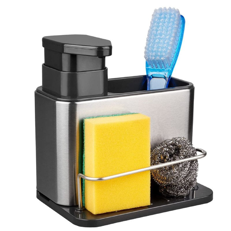 DISPENSADOR DE JABON LIQUIDO PARA COCINA, ESTANTE DE ALMACENAMIENTO DE LIMPIEZA 3 EN 1, ORGANIZADOR DE ACERO INOXIDABLE CLEAN STORAGE BOX