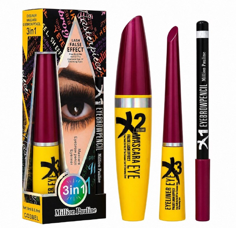 SET DE MAQUILLAJE PARA OJOS 3 EN 1, RIMEL 13.1ML, DELINEADOR LIQUIDO 8ML Y LAPIZ DE CEJAS MILLION PAULINE (DUPE DE MAX FACTOR)