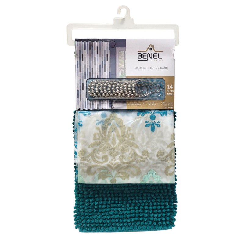 CORTINA DE DUCHA EN SET DE 2 PIEZAS TAPETE 40X60CM, CORTINA Y GANCHOS 180X180CM BENELI HOME