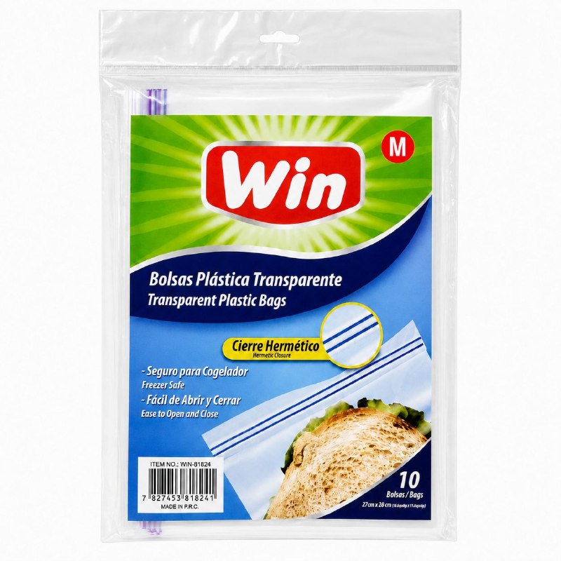 BOLSA PLASTICA TRANSPARENTE RESELLABLE CON CIERRE HERMETICO WIN 27X28CM 10 UND
