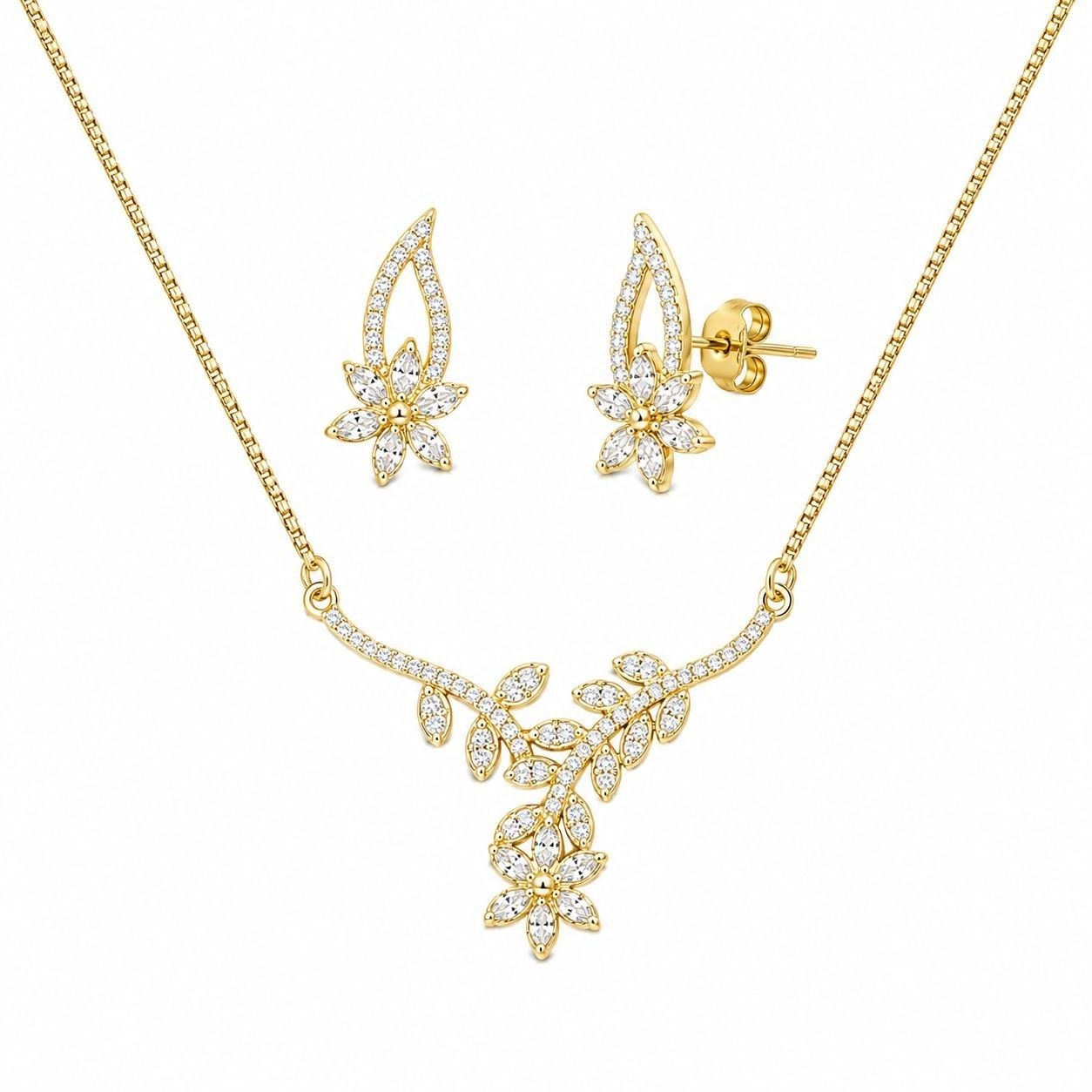 SET DE ENCHAPE PARA DAMA COLLAR Y TOPOS GUIRNALDA BOTÁNICA CON FLOR Y CIRCONES