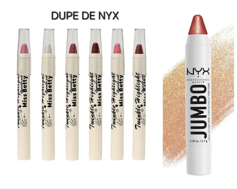 ILUMINADOR DE MAQUILLAJE EN LAPIZ DUPE NYX  QUE REALZA TU BELLEZA CON ALTA SATURACION DE COLOR Y TOQUE DE LUZ NATURAL Y BRILLANTE EN CUALQUIER MOMENTO MISS BETTY 2G (DUPE NYX)