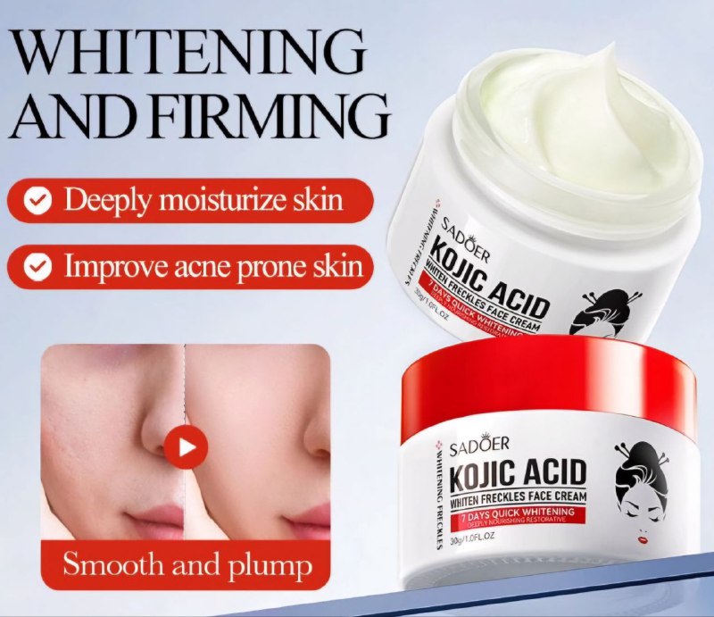 CREMA FACIAL BLANQUEADORA DE PECAS, CON ACIDO KOJICO, NIACINAMIDA, ACIDO HIALURONICO, HIDRATA, REAFIRMA, ANTIARRUGAS SADOER KOJIC ACID 30G