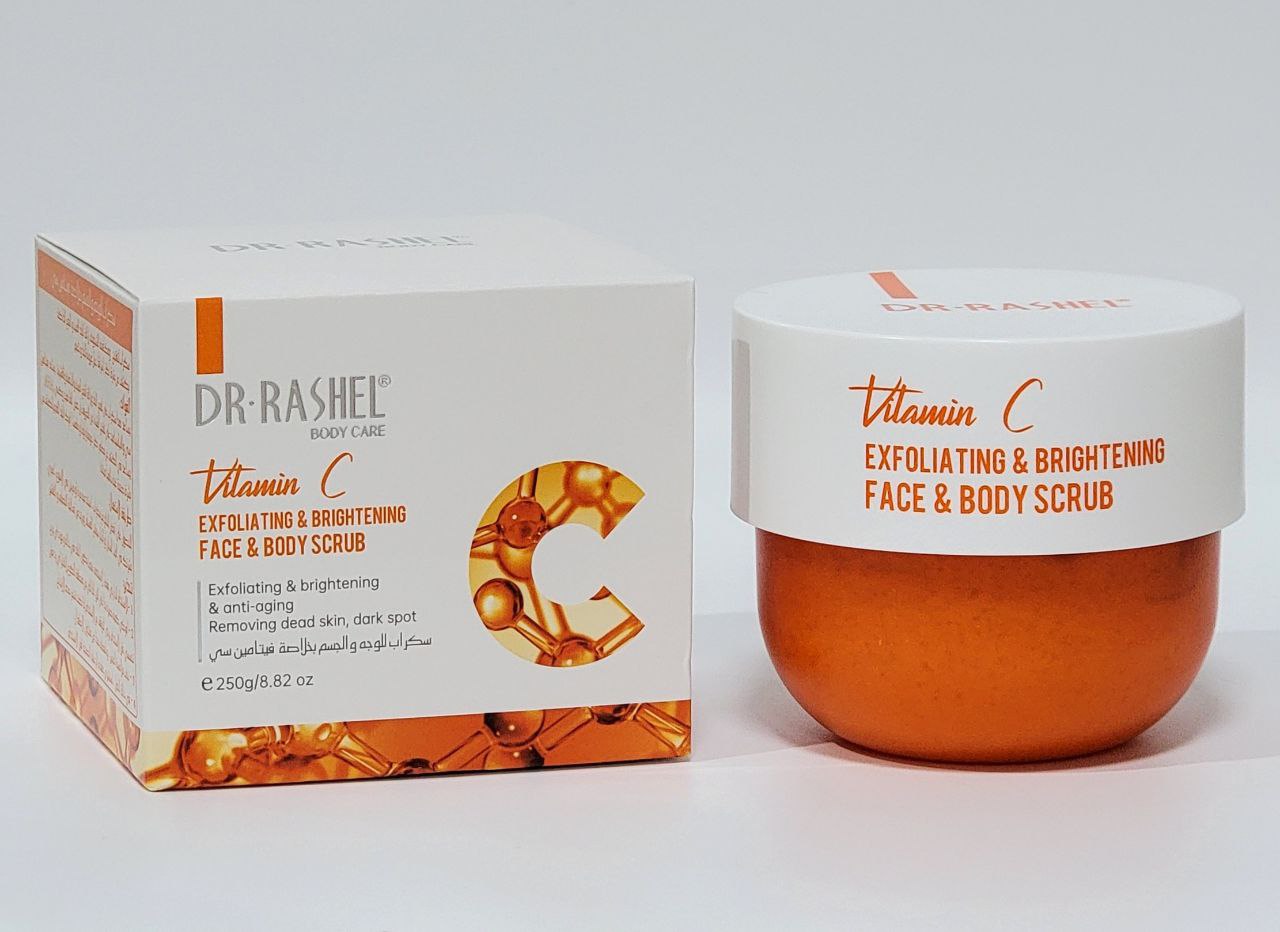 EXFOLIANTE CORPORAL Y FACIAL ILUMINADOR CON VITAMINA C, ELIMINA ZONAS MUERTAS, OPACAS Y ESCAMOSAS, NIACINAMIDA DR RASHEL BODY CARE 250G