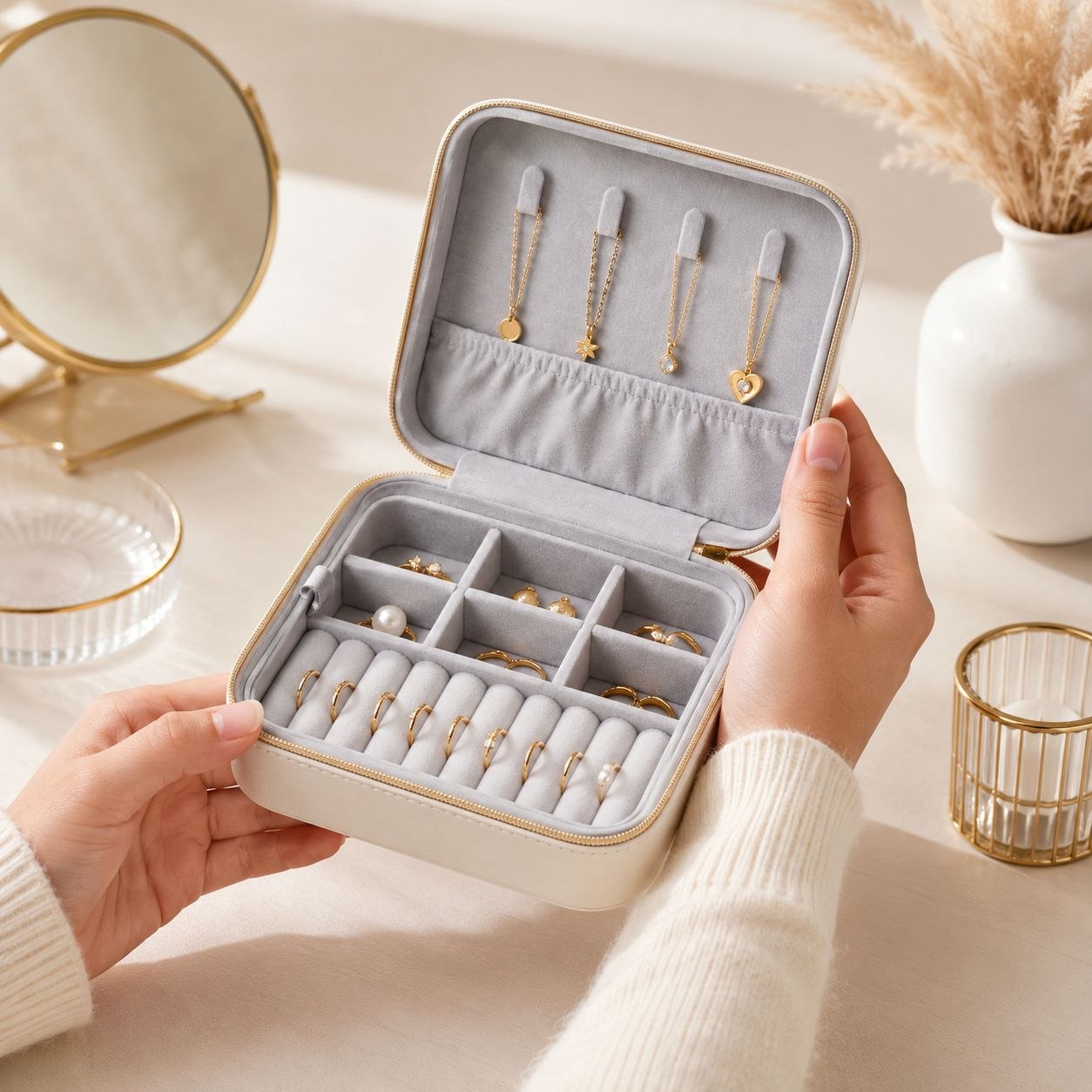 ORGANIZADOR DE JOYAS COMPACTO CON ESPEJO 14.4X28CM