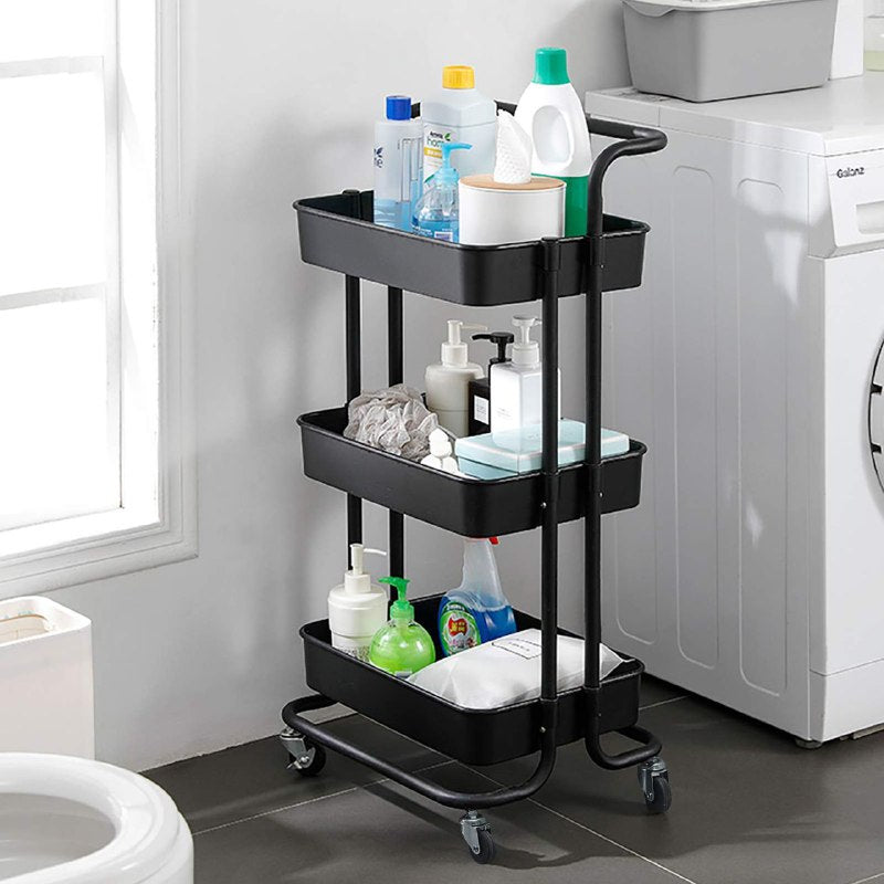 ESTANTE CARRITO DE ALMACENAMIENTO RODANTE DE 3 NIVELES PLASTICO COLOR NEGRO