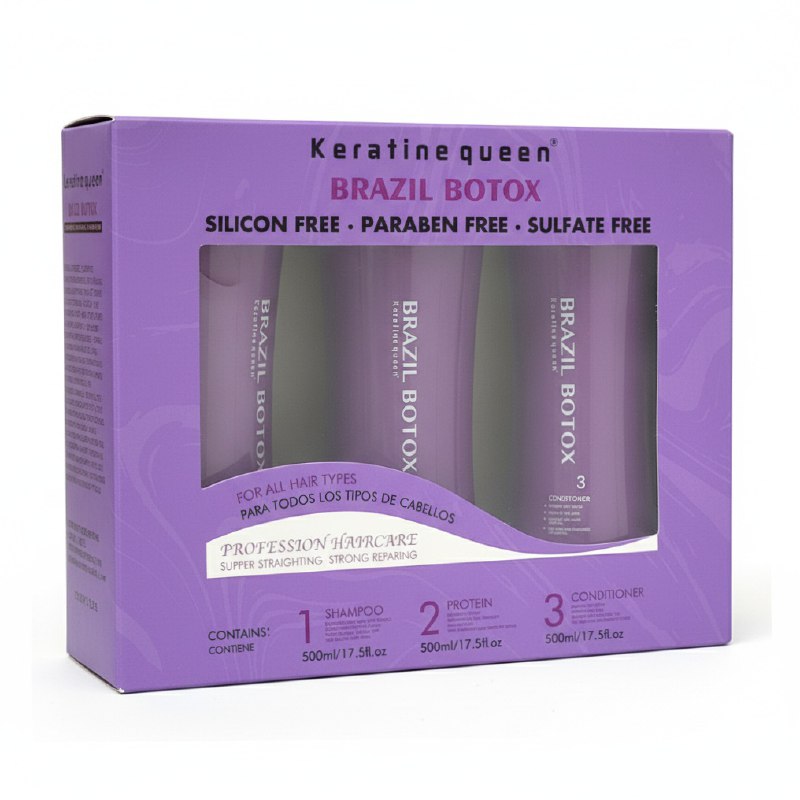 SET DE CUIDADO PARA EL CABELLO DE QUERATINA BRAZILEÑA SUAVIZANTE 3PCS KERATINE QUEEN 500MLX3
