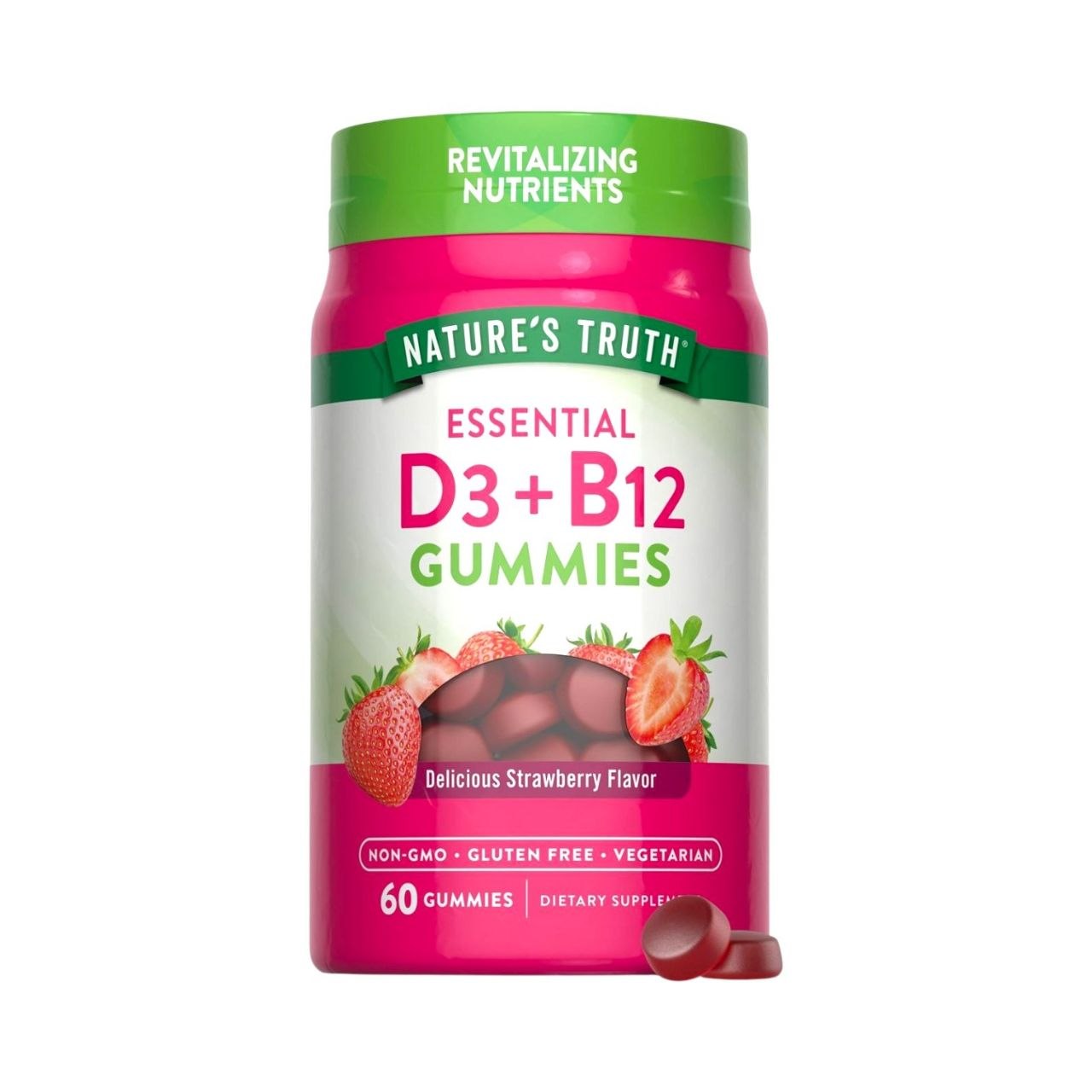 VITAMINAS EN GOMITAS D3+B12, SIN GLUTEN, SUPLEMENTO DIETETICO, DELICIOSO SABOR A FRESA NATURE S TRUTH 60UND