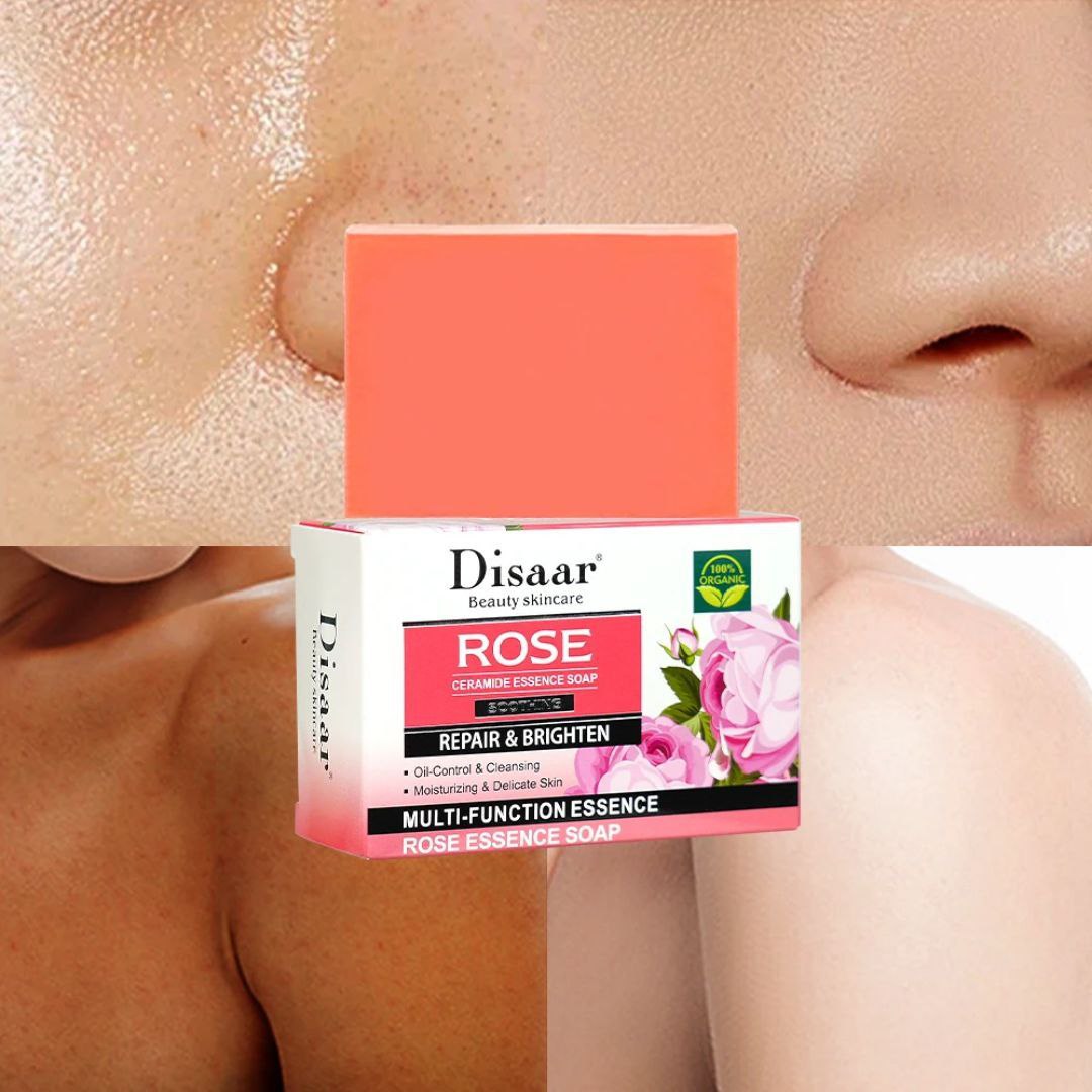 JABON FACIAL DE ESENCIA DE CERAMIDA Y ROSAS, CALMANTE, REPARA, CONTROLA LA GRASA Y LIMPIA E HIDRATA LA PIEL DISAAR BEAUTY SKINCARE ROSE 100G