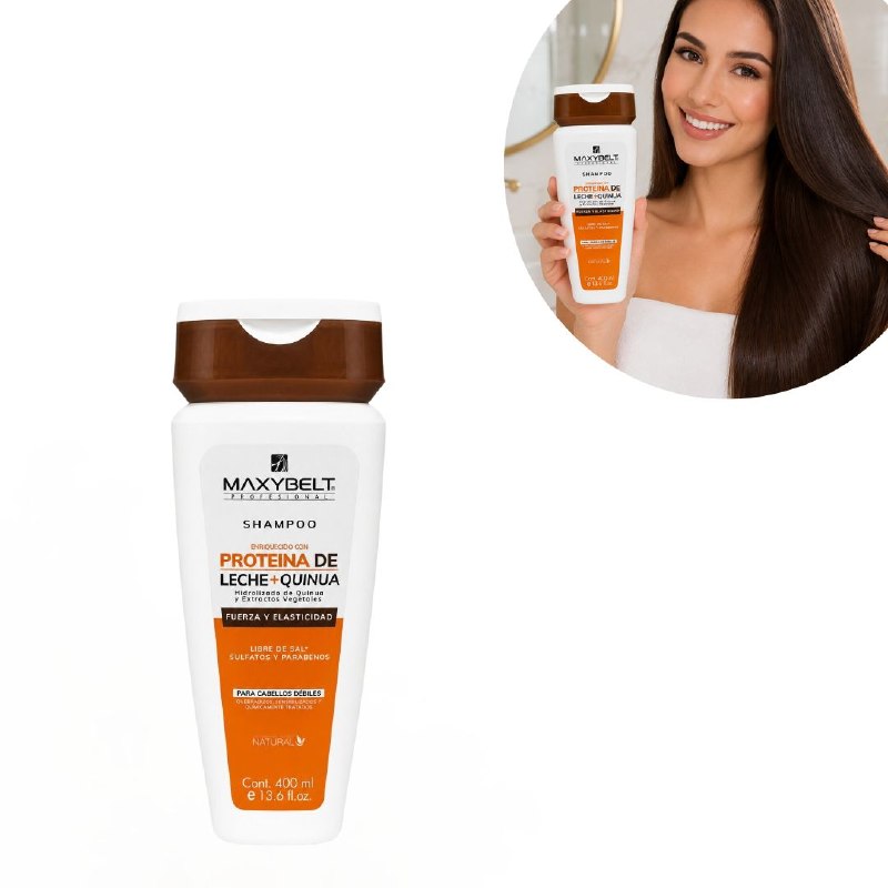 SHAMPOO FORTALECEDOR Y REPARADOR ENRIQUECIDO CON PROTEINA DE LECHE Y QUINUA MAXYBELT 400ML
