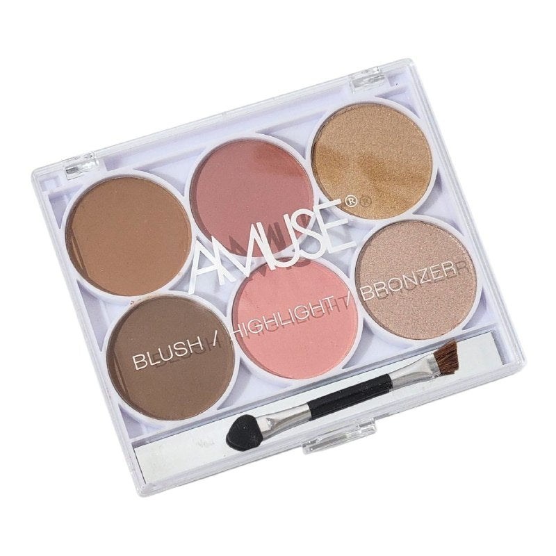 RUBOR EN PALETA 3 EN 1 CON ILUMINADOR Y BRONCEADOR CON APLICADOR DOBLE PUNTA AMUSE COSMETICS 13G