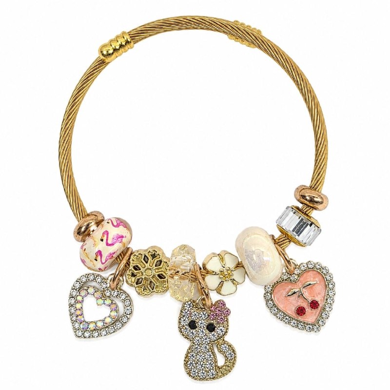 PULSERA DE ENCHAPE PARA DAMA CON DISEÑO DE GATO, CEREZA Y CORAZON