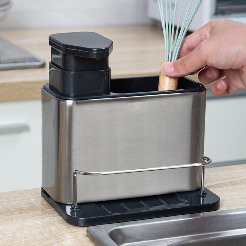 DISPENSADOR DE JABON LIQUIDO PARA COCINA, ESTANTE DE ALMACENAMIENTO DE LIMPIEZA 3 EN 1, ORGANIZADOR DE ACERO INOXIDABLE CLEAN STORAGE BOX