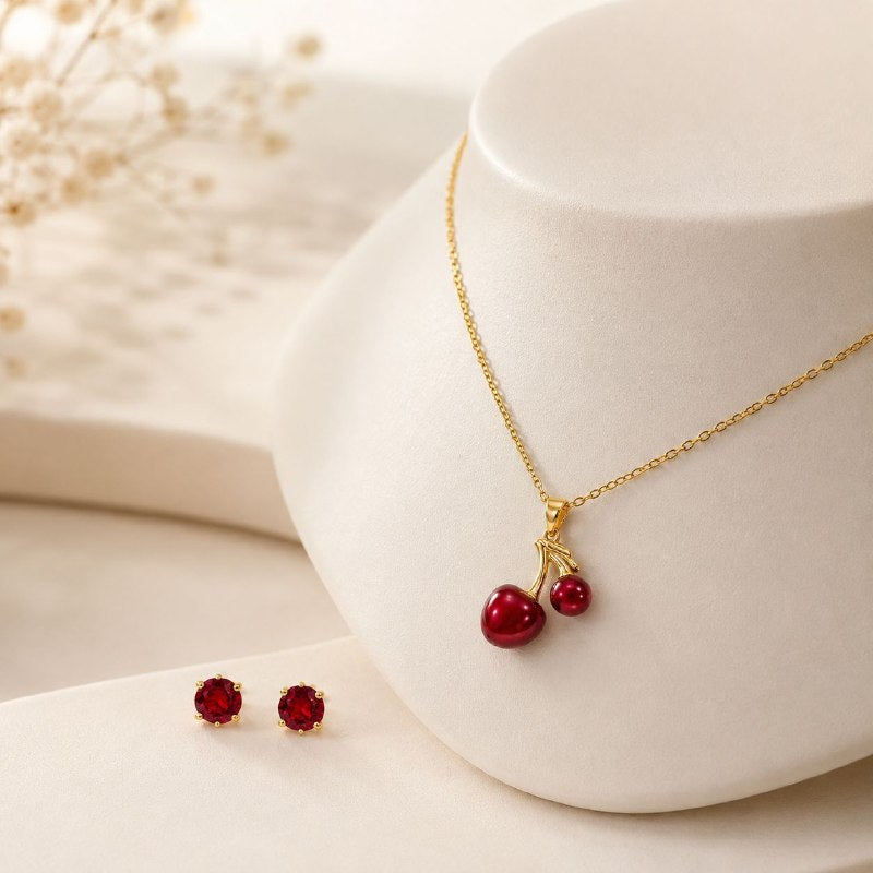 SET DE ENCHAPE PARA DAMA CON DISEÑO DE CEREZAS Y ARETES DE CIRCÓN ROJO