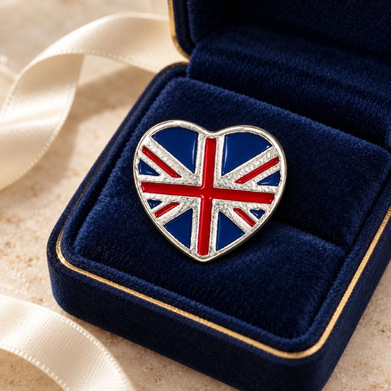 CHARM DE PLATA 9.25 CON DISEÑO DE BANDERA DE INGLATERRA EN FORMA DE CORAZON MEDIDA: 1CM PESO: 2.7G