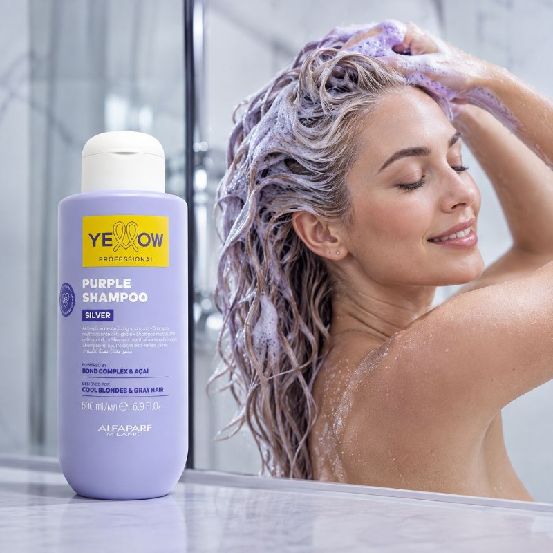 SHAMPOO MATIZADOR NEUTRALIZADOR DE TONOS AMARILLOS Y PROTECTOR DE COLOR CON PIGMINTOS VIOLETAS Y ACAI ALFAPARF 500ML