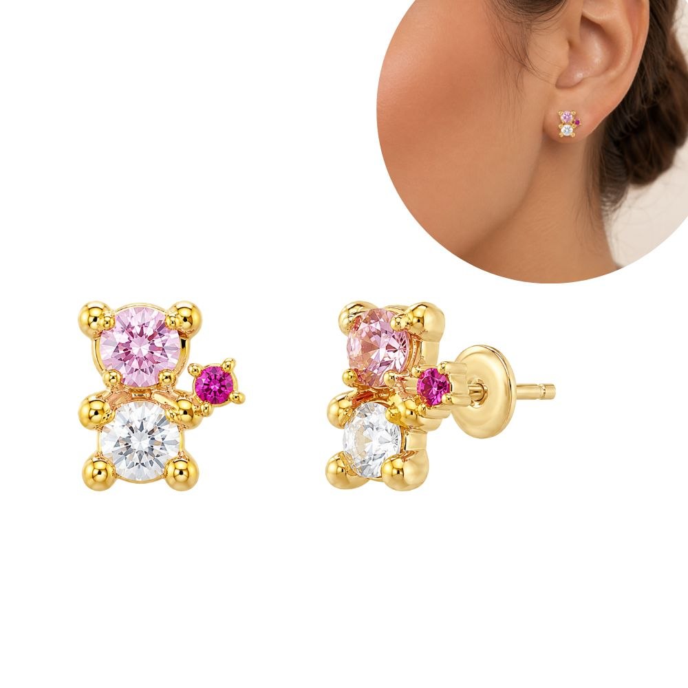 ARITOS DE ACERO INOXIDABLE CON BAÑO DE ENCHAPE CON DISEÑO DE OSITO EN CIRCONES ROSA Y CRISTAL