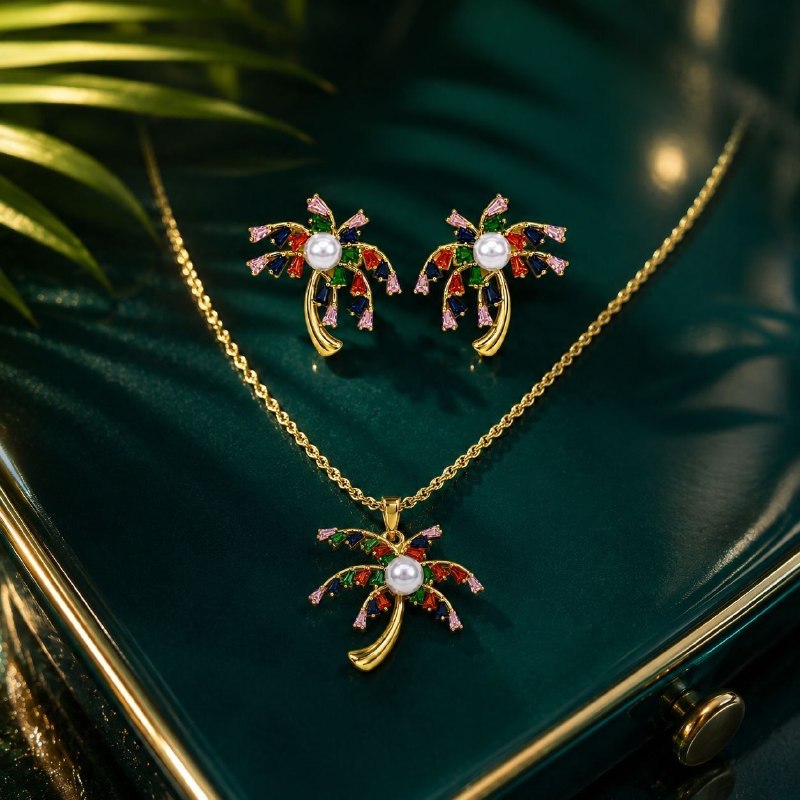 SET DE ENCHAPE PARA DAMA CADENA, DIJE Y TOPOS PALMERA CON CIRCONES MULTICOLOR Y PERLA