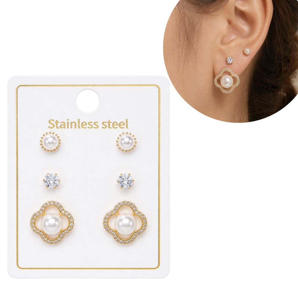 SET DE ARETES ENCHAPE PARA DAMA TRIPLE PAR CON MOTIVO TRÉBOL DE PERLA Y CIRCONES