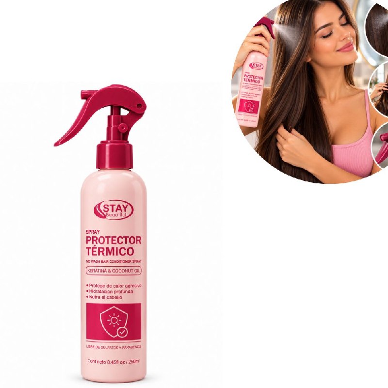 SPRAY PROTECTOR TERMICO PARA EL CABELLO SIN ENJUAGUE CON KERATINA Y ACEITE DE COCO STAY BEAUTIFUL 250ML