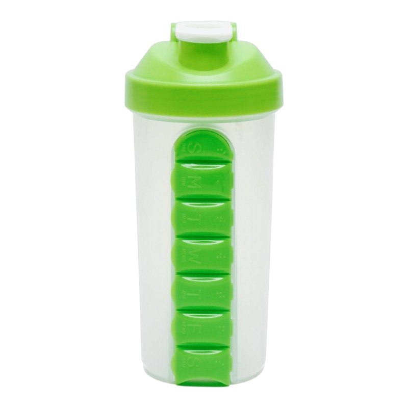 BOTELLA MEZCLADORA CON ORGANIZADOR DE VITAMINAS 2 EN 1 DE PLASTICO RESISTENTE 600ML