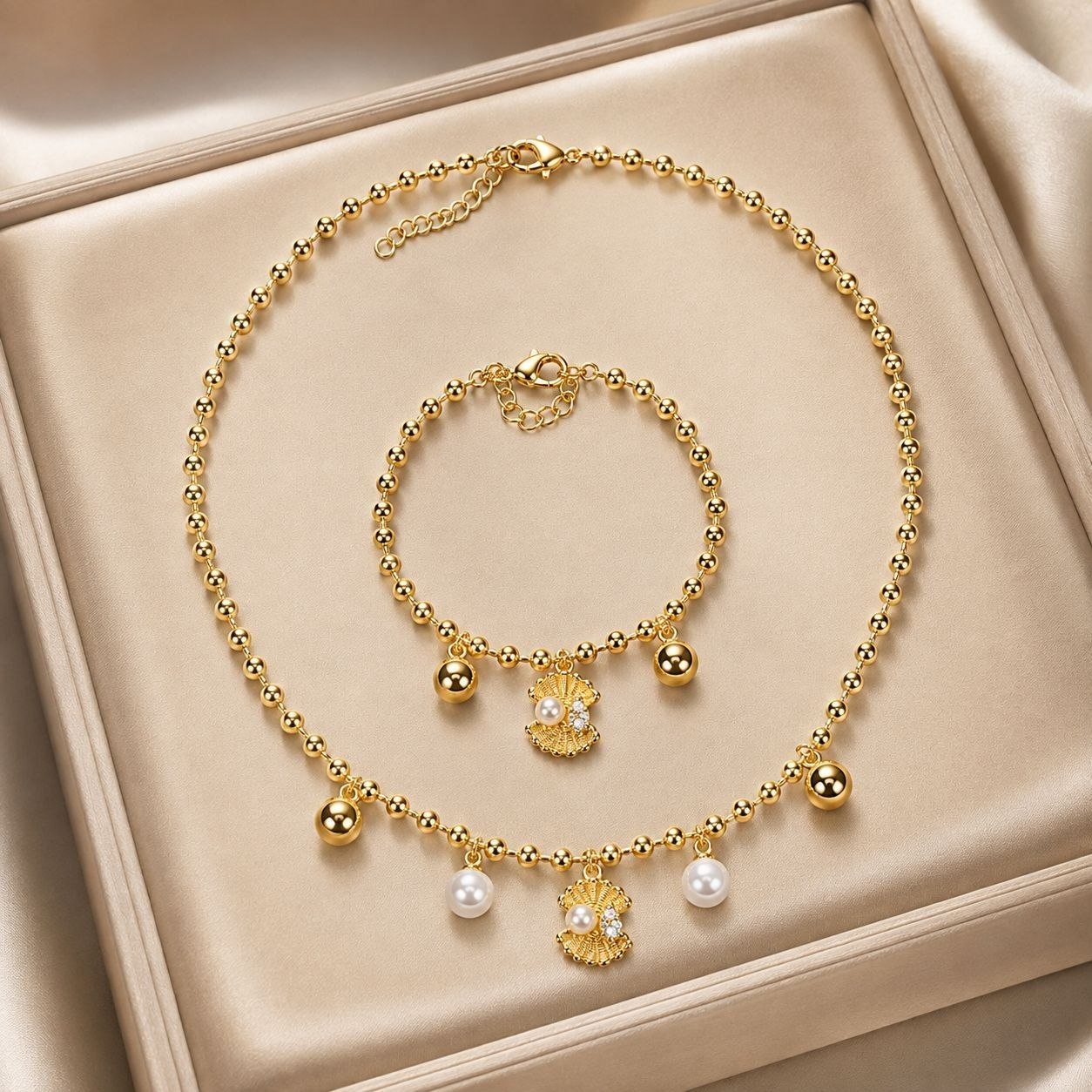 SET DE ENCHAPE PARA DAMA COLLAR Y PULSERA MARINA CON BALINES, PERLAS Y CONCHA MARINA