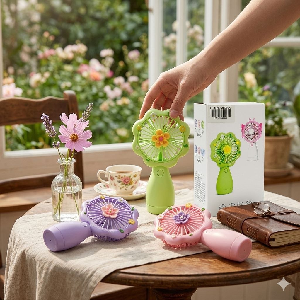 VENTILADOR MINI DE ESCRITORIO PORTATIL CON CONEXION USB Y DISEÑO FLORAL 15CM