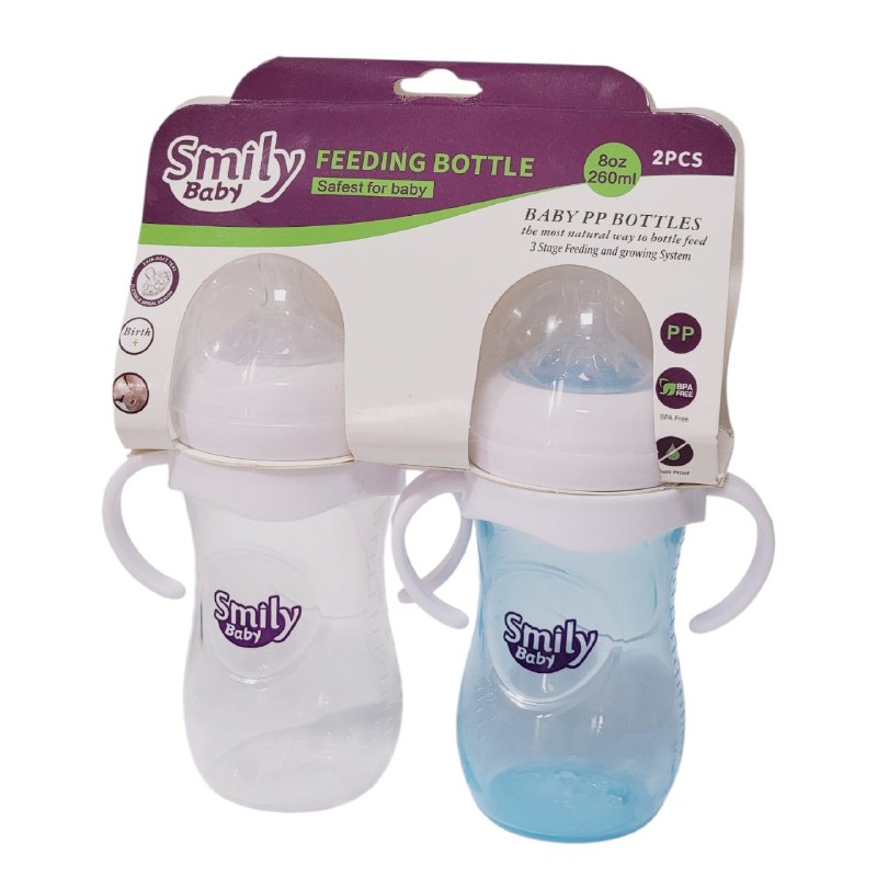 BIBERON CHUPON PARA BEBES EN SET DE 2 PIEZAS CON ASAS CAPACIDAD DE 260ML SMILY BABY