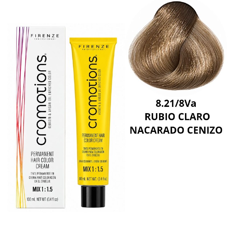 TINTE PERMANENTE PARA EL CABELLO EN CREMA RUBIO CLARO NACARADO CENIZO 8.21/8VA FIRENZE 100ML