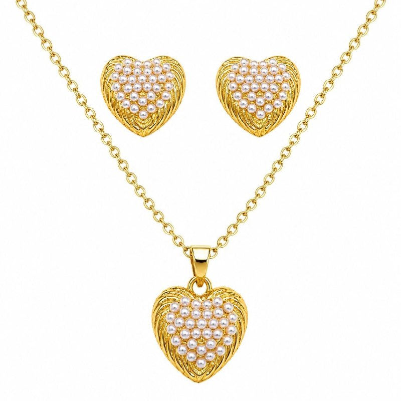 SET DE ENCHAPE PARA DAMA CADENA, DIJE Y TOPOS CORAZÓN CON PERLAS