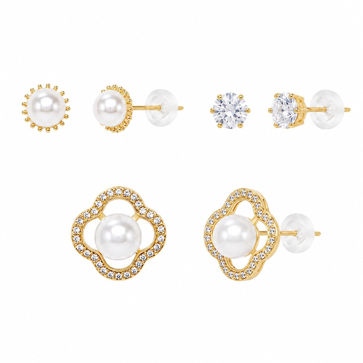 SET DE ARETES ENCHAPE PARA DAMA TRIPLE PAR CON MOTIVO TRÉBOL DE PERLA Y CIRCONES