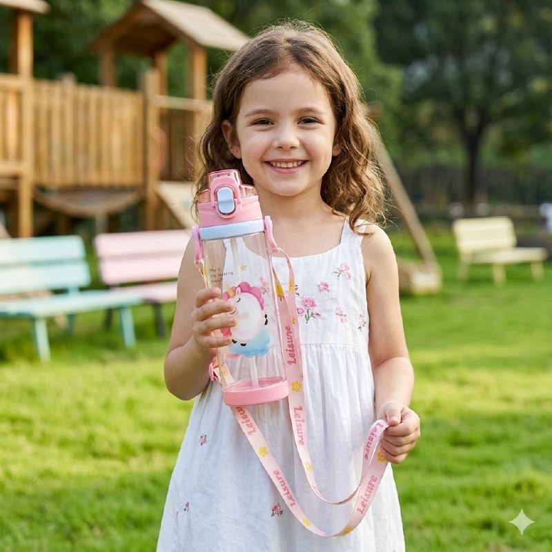 BOTE DE AGUA INFANTIL CON CORREA Y PAJILLA PARA NIÑOS 24X7CM