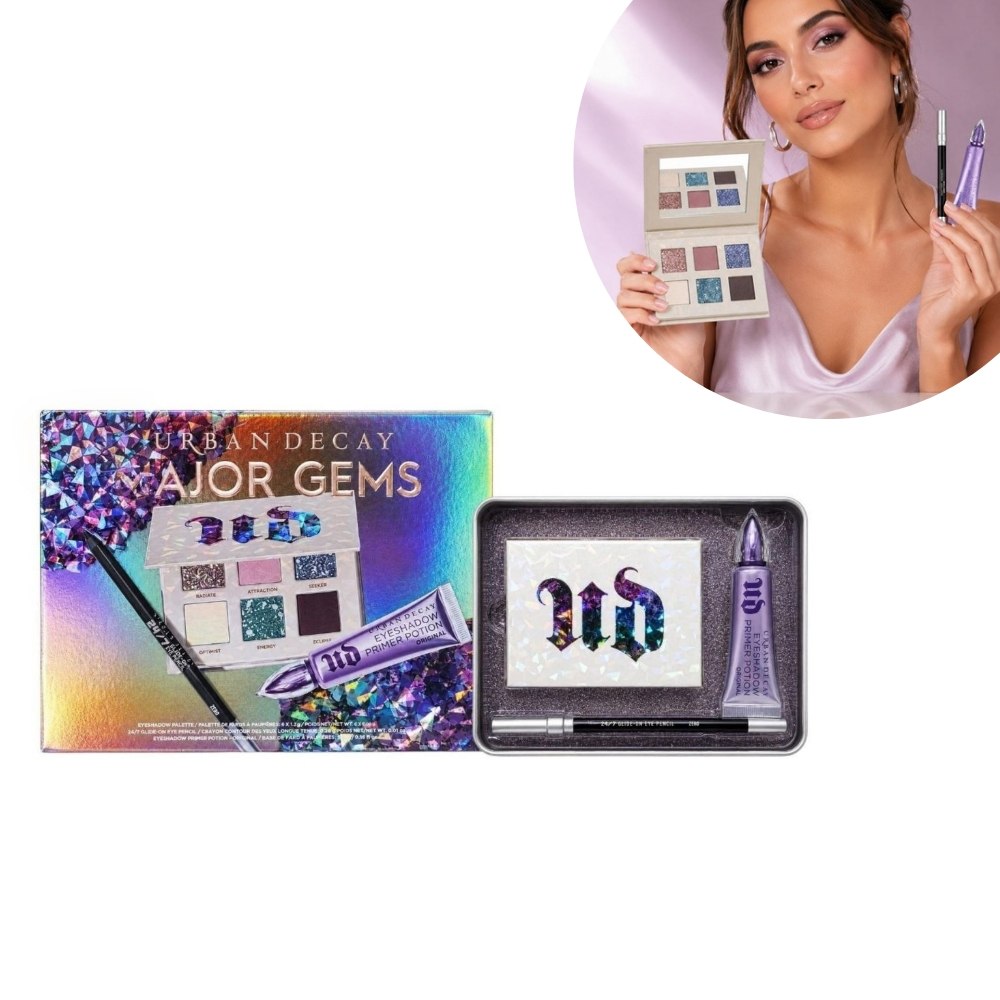 SET DE MAQUILLAJE PARA OJOS PALETA DE SOMBRAS DELINEADOR Y PREBASE MAJOR GEMS URBAN DECAY