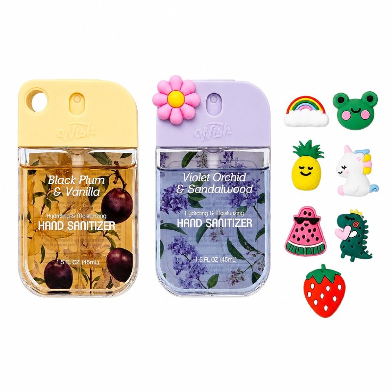 SET DE 2 SPRAY DESINFECTANTES DE MANOS HUMECTANTES CON AROMA Y 8 PINES WISH 45ML