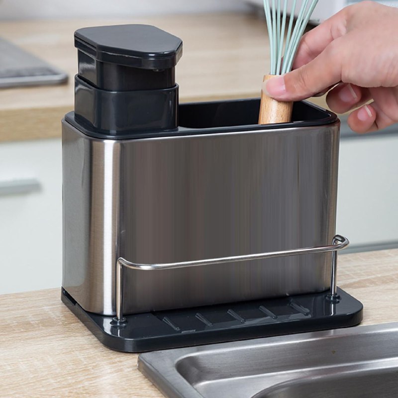 DISPENSADOR DE JABON LIQUIDO PARA COCINA O BAÑO CON ESTANTE DE ALMACENAMIENTO 3 EN 1 DE ACERO INOXIDABLE STAINLESS STEEL