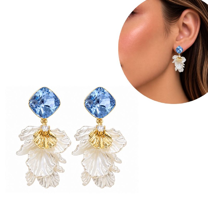 ARITOS DE ENCHAPE PARA DAMA CON DISEÑO COLGANTES CON CRISTAL CUADRADO AZUL Y PETALOS SUPERPUESTOS 3CM