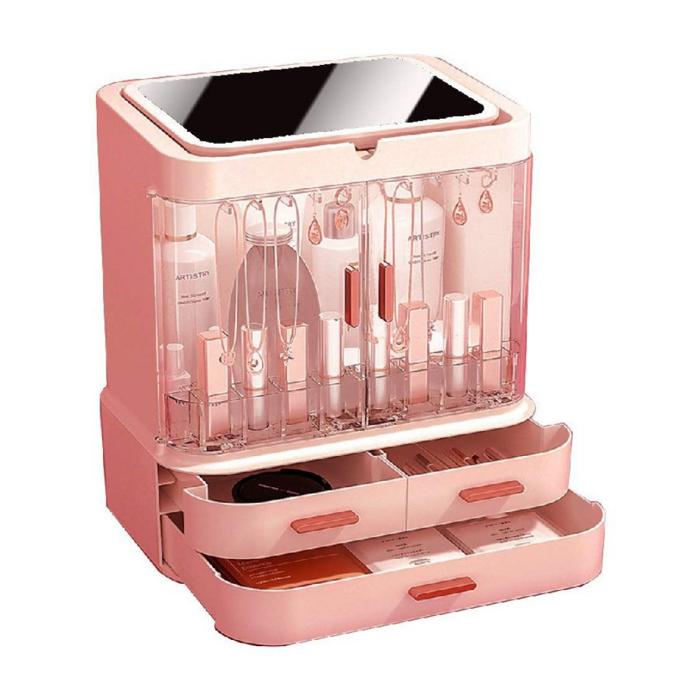 ORGANIZADOR DE MAQUILLAJE CON ESPEJO 360 GRADOS, SIN LUZ LED, COLOR ROSADO