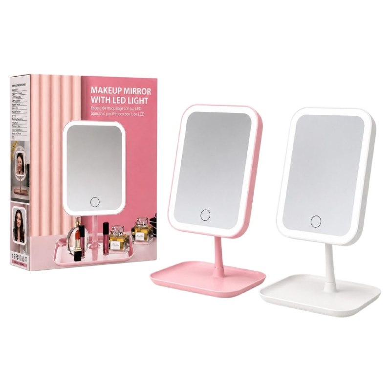 ESPEJO PARA MAQUILLAJE CON LUZ LED RECARGABLE Y BASE ORGANIZADORA 12X16CM