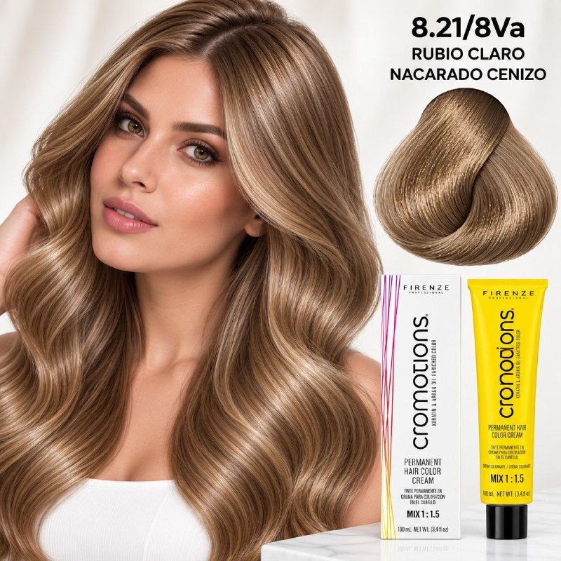 TINTE PERMANENTE PARA EL CABELLO EN CREMA RUBIO CLARO NACARADO CENIZO 8.21/8VA FIRENZE 100ML